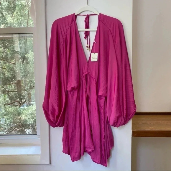 New Free People Arzel Long Sleeve Mini Dress in Magenta Haze Hot Pink XS - Picture 10 of 13